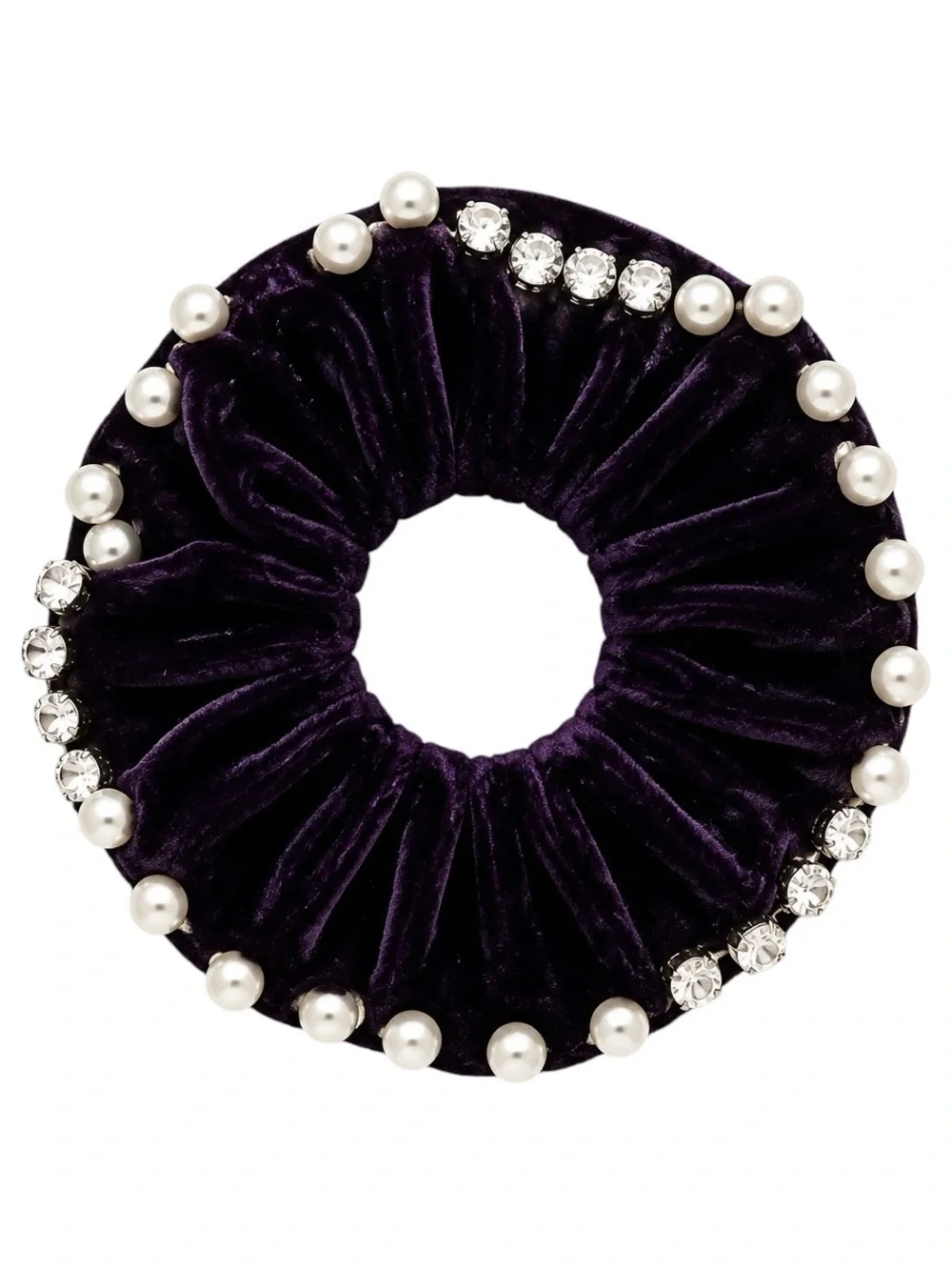 New Dark Purple Velvet Allover White Pearl Rhinestone Comfy Scrunchie Hair Tie